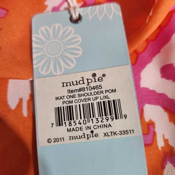 Mud Pie One Shoulder Large XL Pom Pom Beach Cover Up Orange Pink Ikat Print NWT - Picture 2 of 5